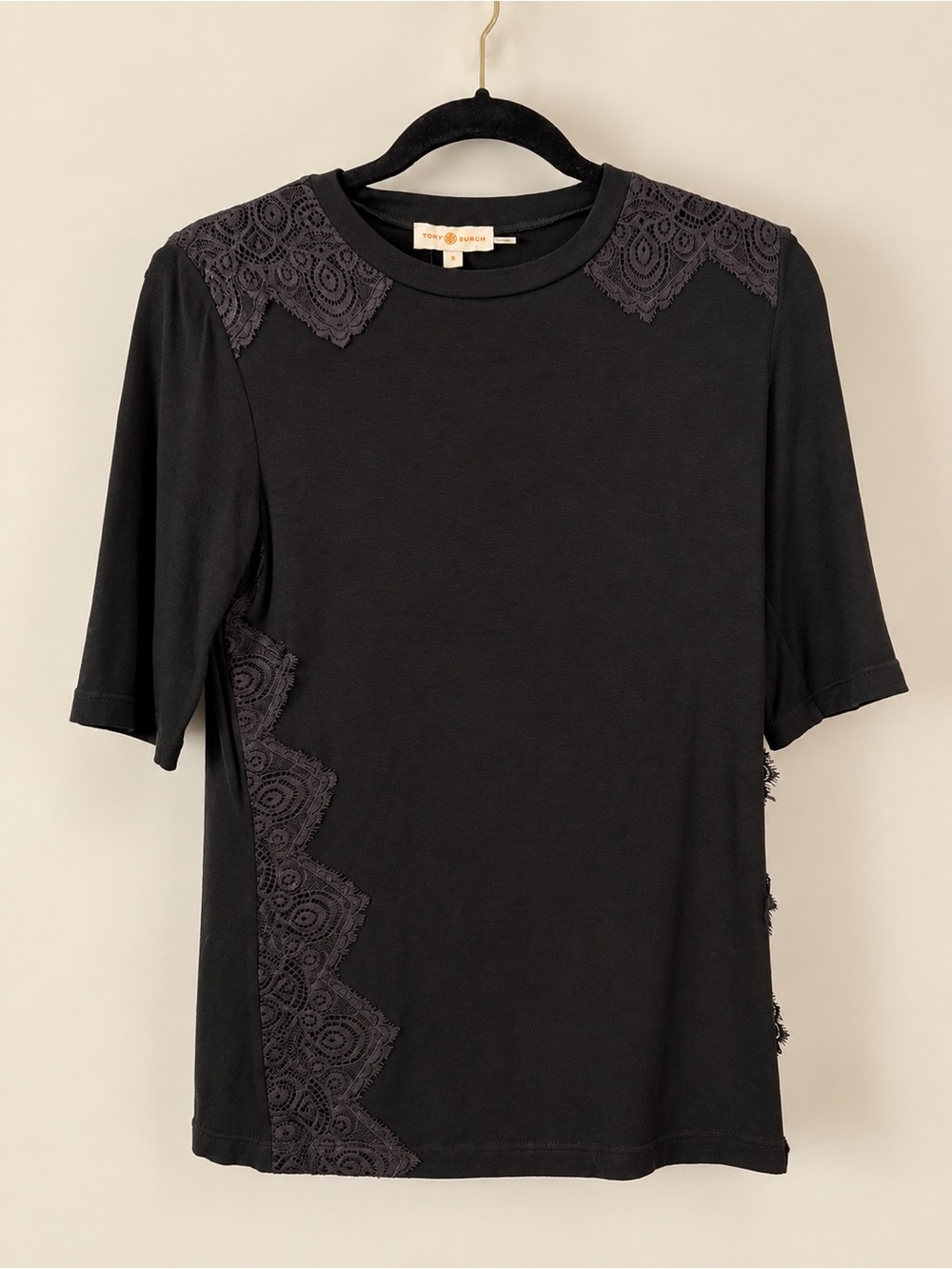 Tory Burch Black Lace-Panel Short Sleeve Tee - Size Small